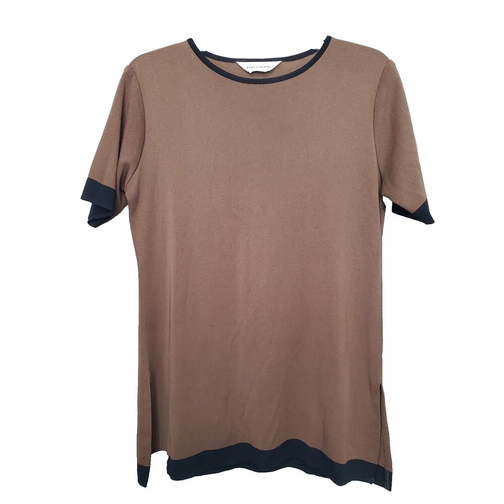 Exclusively Misook Brown w/Black Trim Short Sleeve Blouse w/Side Vents Size S
